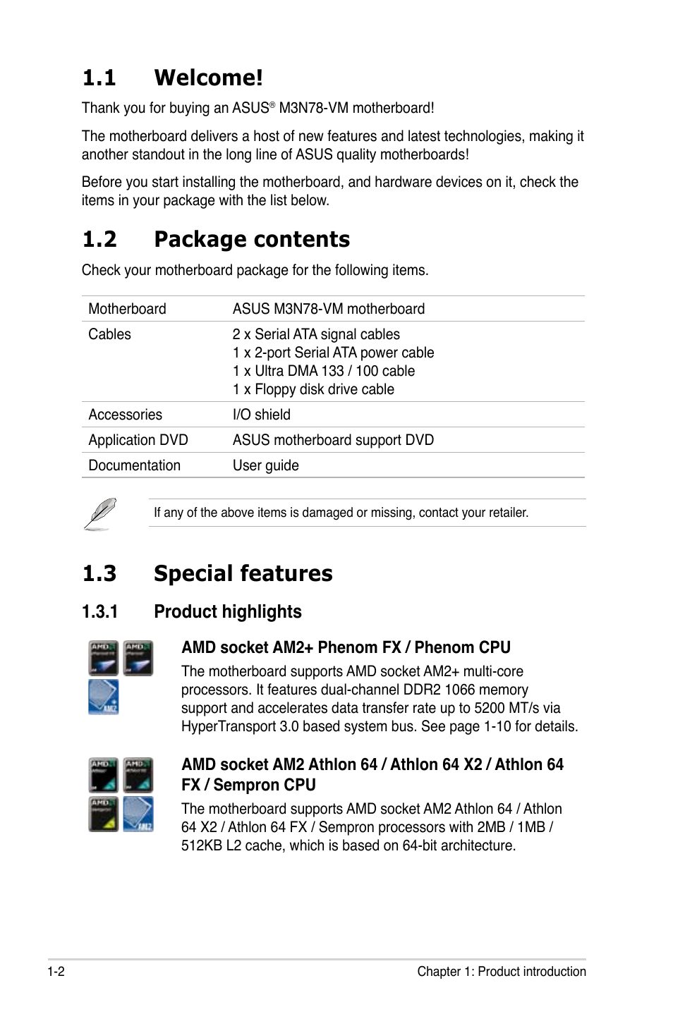 1 welcome, 2 package contents, 3 special features | 1 product highlights, Welcome! -2, Package contents -2, Special features -2 1.3.1, Product highlights -2 | Asus M3N78-VM User Manual | Page 14 / 105