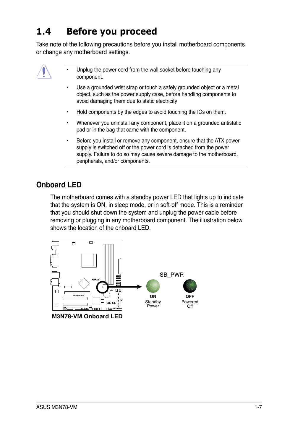 4 before you proceed, Before you proceed -7, Onboard led | Asus M3N78-VM User Manual | Page 19 / 105