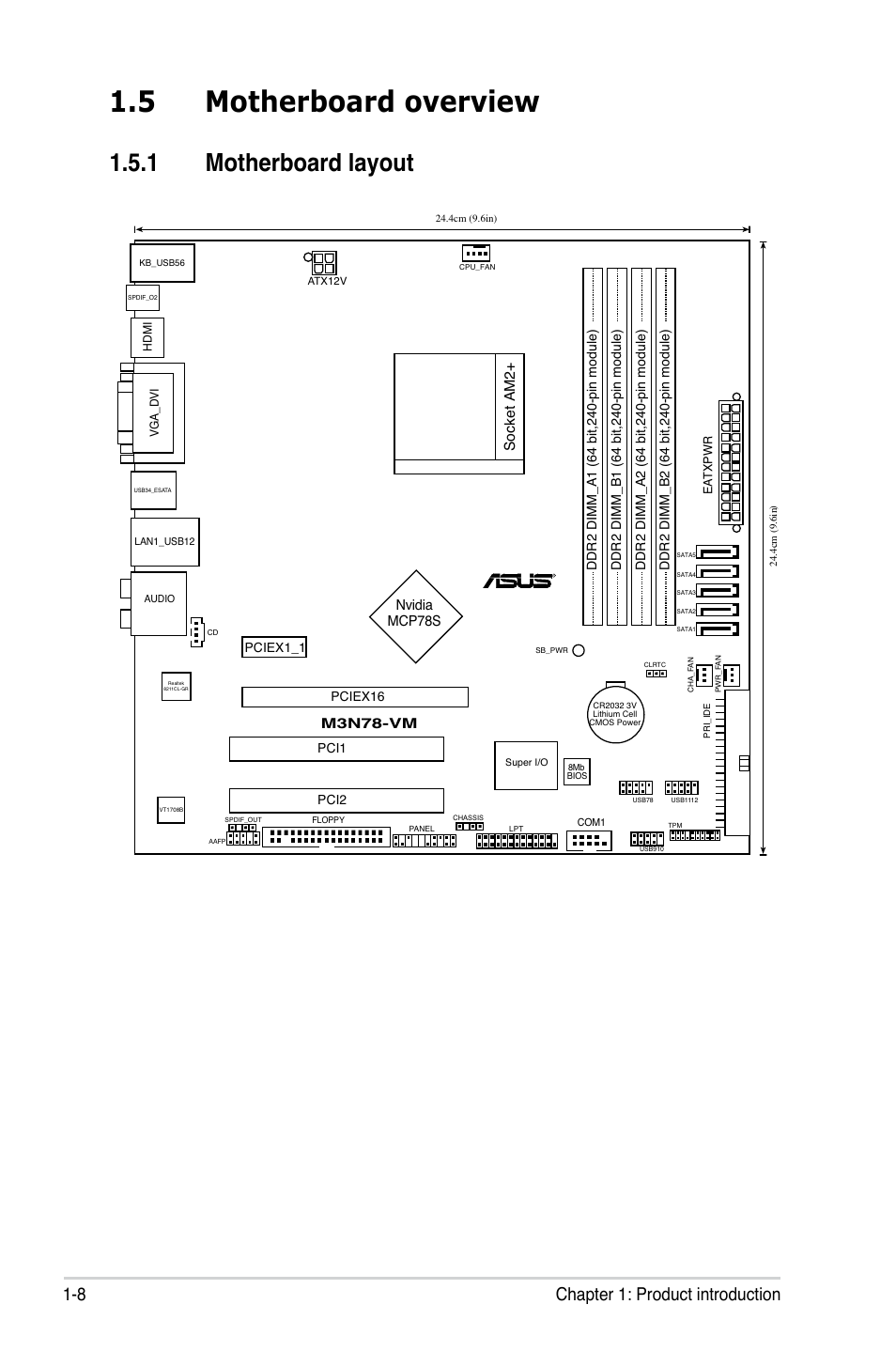 5 motherboard overview, 1 motherboard layout, Motherboard overview -8 1.5.1 | Motherboard layout -8, 8 chapter 1: product introduction, Socket am2, Nvidia mcp78s | Asus M3N78-VM User Manual | Page 20 / 105