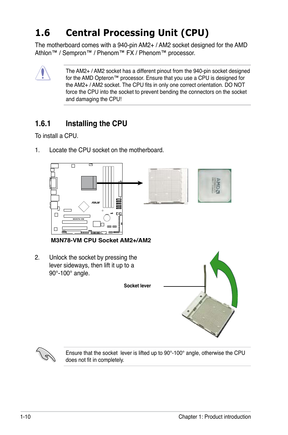 6 central processing unit (cpu), 1 installing the cpu, Central processing unit (cpu) -10 1.6.1 | Installing the cpu -10 | Asus M3N78-VM User Manual | Page 22 / 105