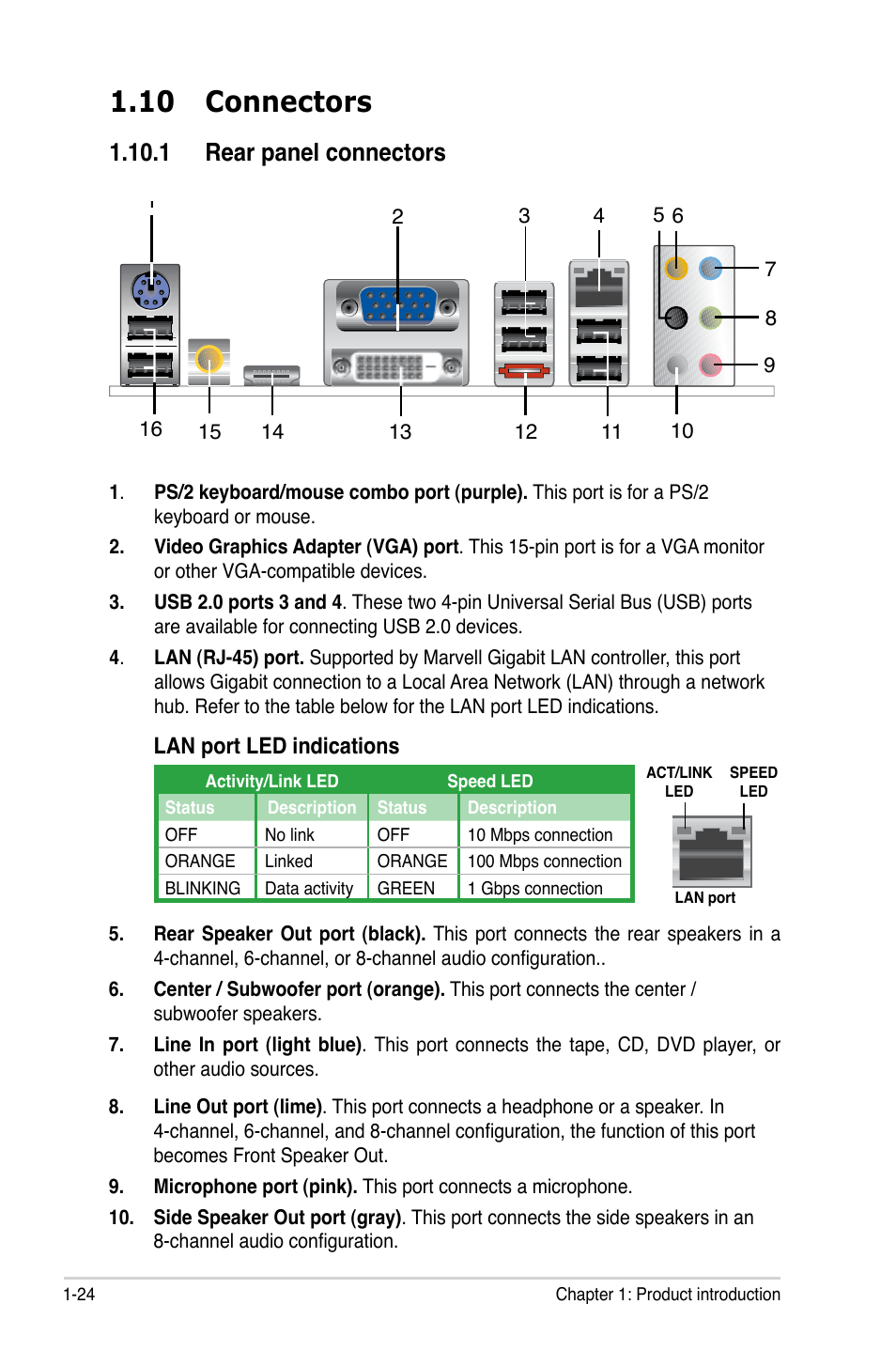 10 connectors, 1 rear panel connectors, 10 connectors -24 | 1 rear panel connectors -24 | Asus M3N78-VM User Manual | Page 36 / 105