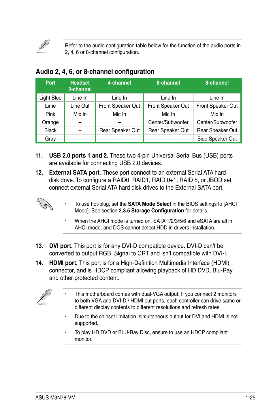 Audio 2, 4, 6, or 8-channel configuration | Asus M3N78-VM User Manual | Page 37 / 105