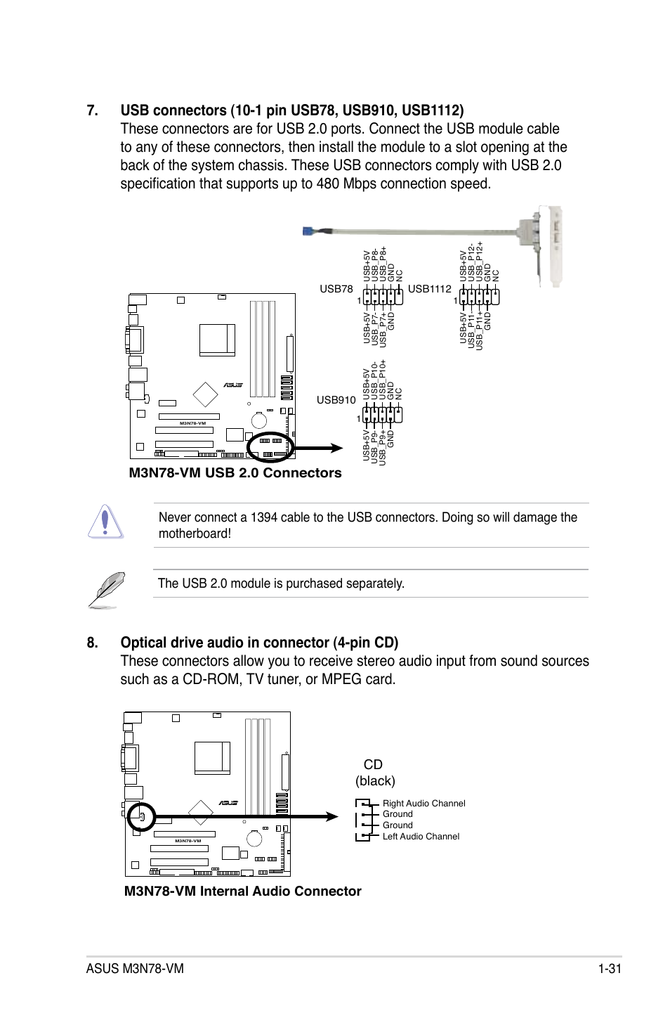 The usb 2.0 module is purchased separately, M3n78-vm internal audio connector cd (black) | Asus M3N78-VM User Manual | Page 43 / 105