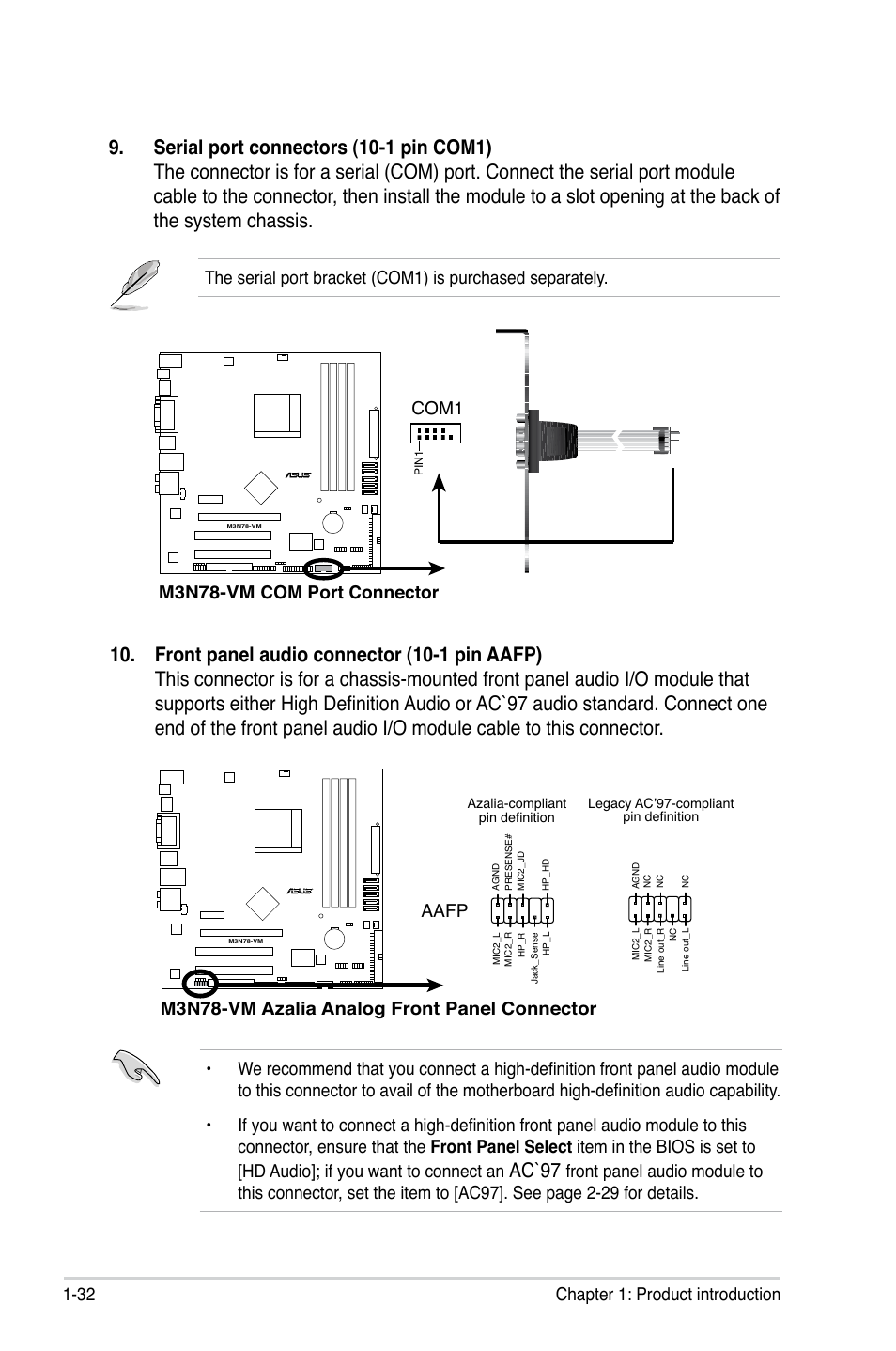 Ac`97, 32 chapter 1: product introduction, M3n78-vm com port connector | Com1, M3n78-vm azalia analog front panel connector, Aafp | Asus M3N78-VM User Manual | Page 44 / 105