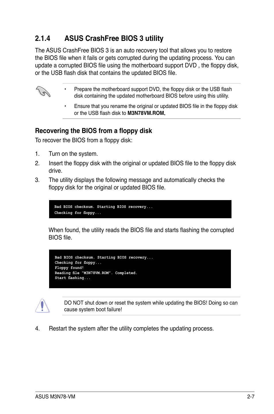 4 asus crashfree bios 3 utility, Asus crashfree bios 3 utility -7, Recovering the bios from a floppy disk | Asus M3N78-VM User Manual | Page 54 / 105