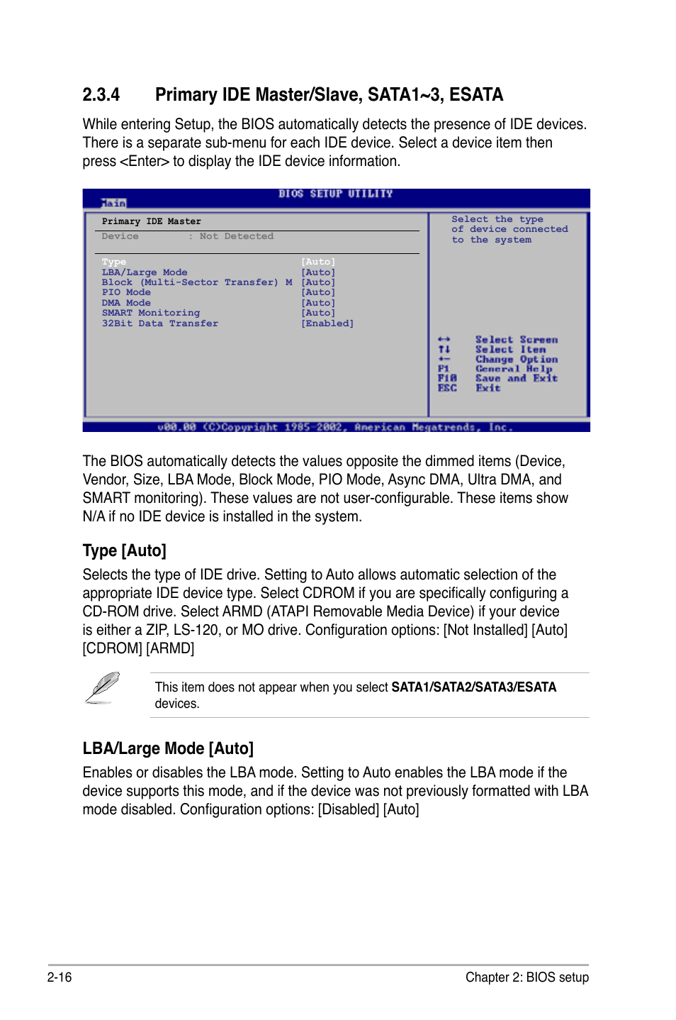 4 primary ide master/slave, sata1~3, esata, Primary ide master/slave, sata1~3, esata -16, Type [auto | Lba/large mode [auto | Asus M3N78-VM User Manual | Page 63 / 105