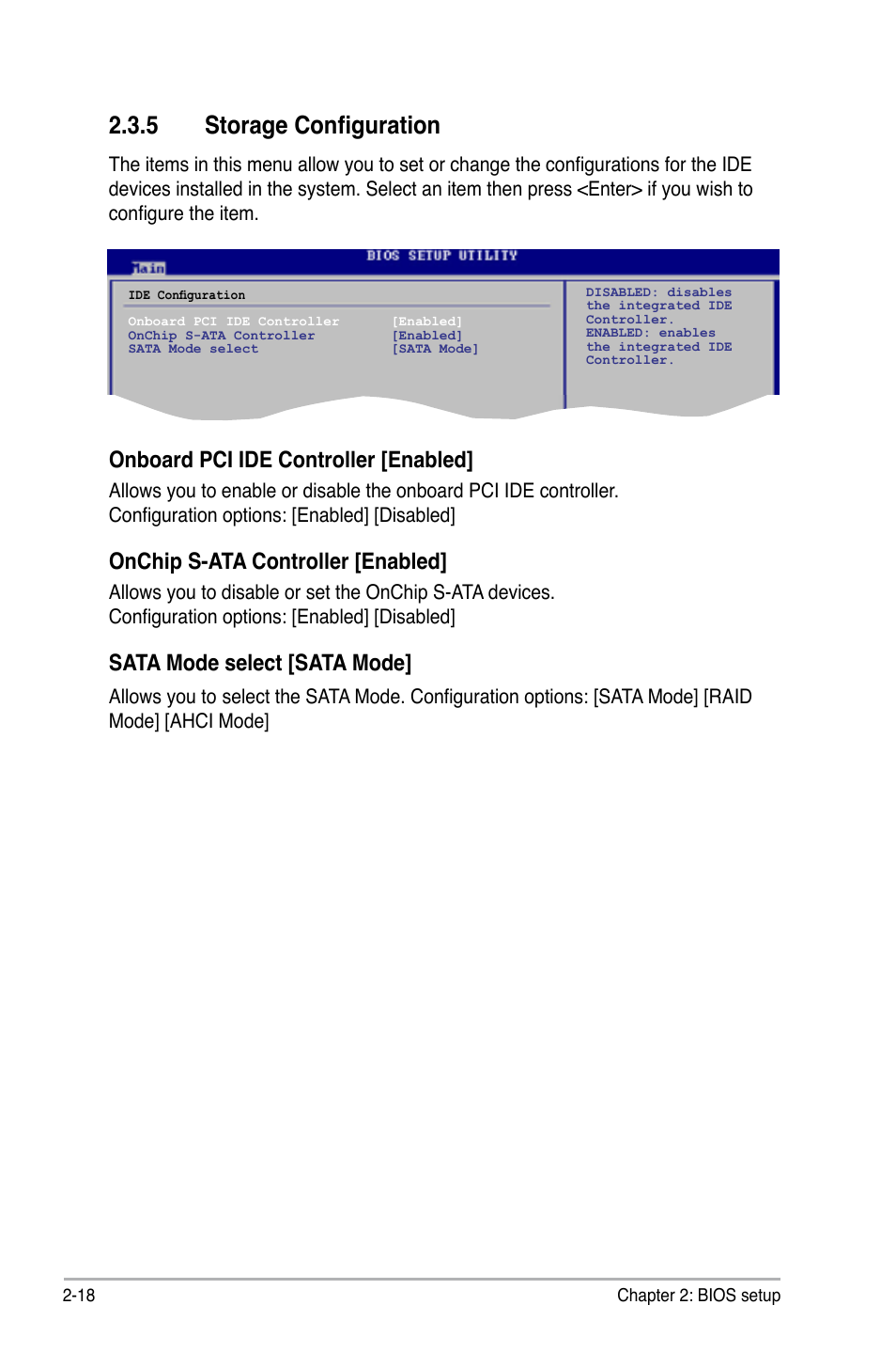 5 storage configuration, Storage configuration -18, Onboard pci ide controller [enabled | Onchip s-ata controller [enabled, Sata mode select [sata mode | Asus M3N78-VM User Manual | Page 65 / 105