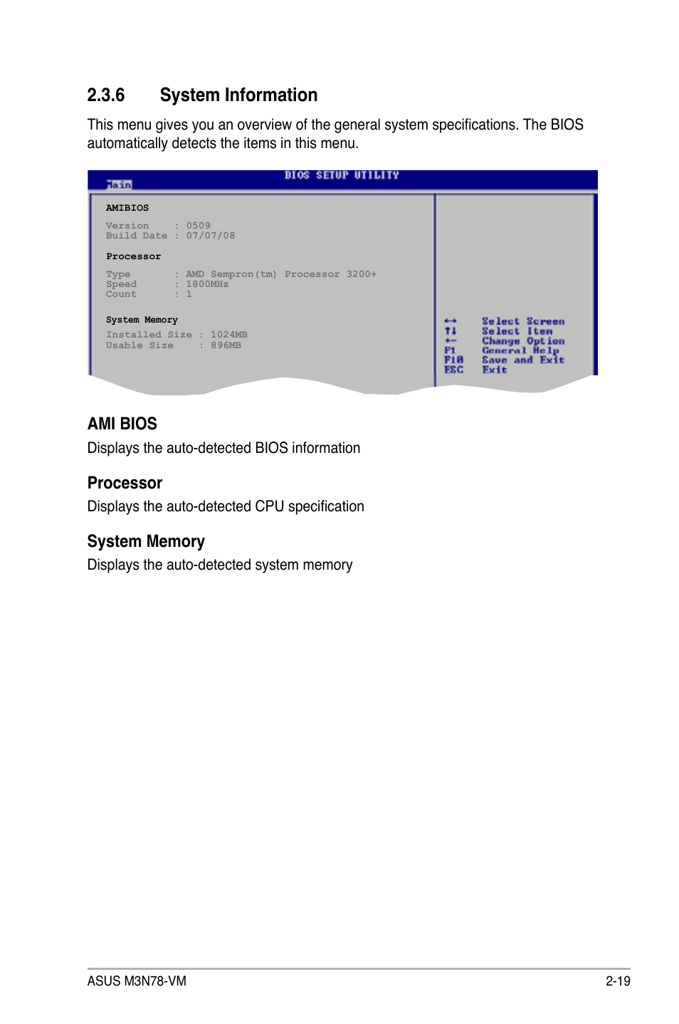 6 system information, System information -19, Ami bios | Processor | Asus M3N78-VM User Manual | Page 66 / 105