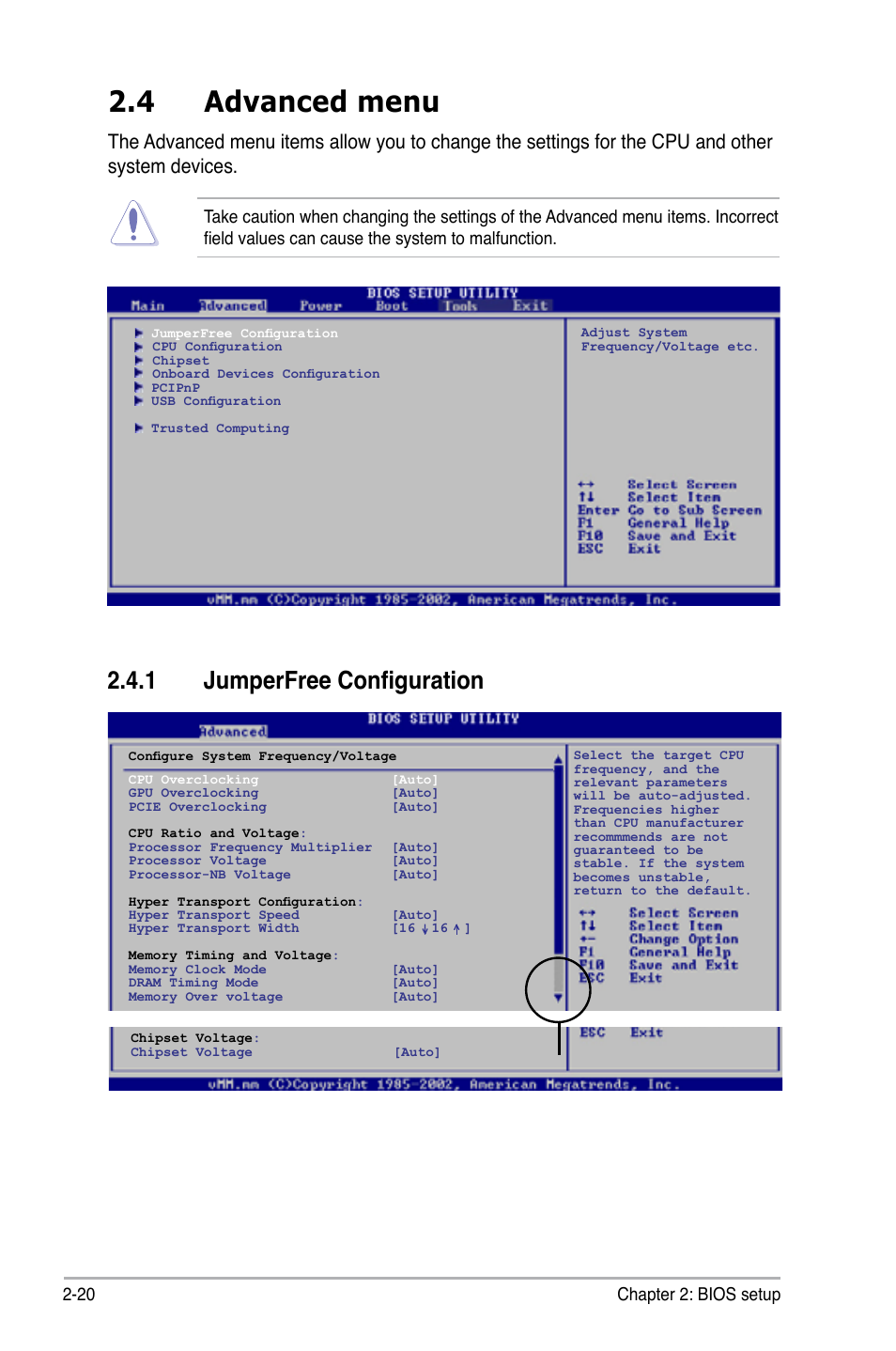 4 advanced menu, 1 jumperfree configuration, Advanced menu -20 2.4.1 | Jumperfree configuration -20, 20 chapter 2: bios setup | Asus M3N78-VM User Manual | Page 67 / 105