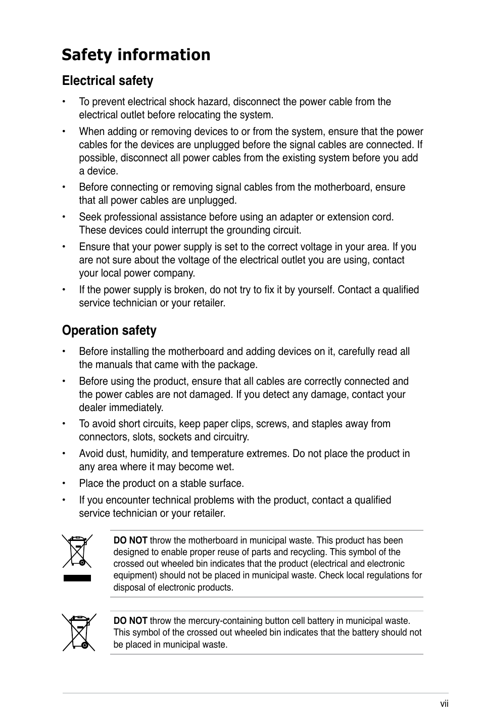 Safety information, Electrical safety, Operation safety | Asus M3N78-VM User Manual | Page 7 / 105