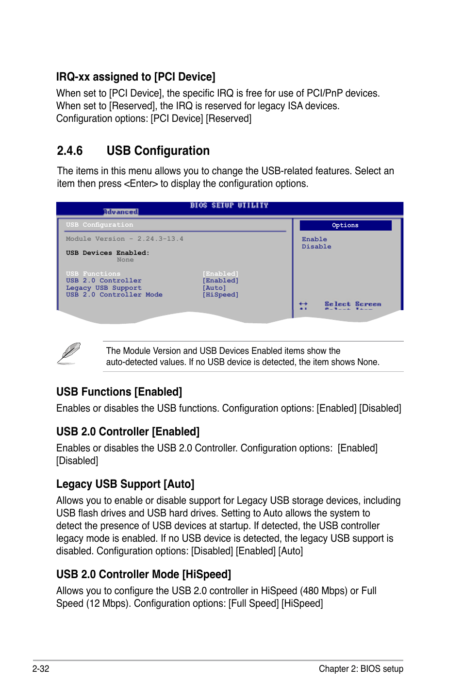 6 usb configuration, Usb configuration -32, Irq-xx assigned to [pci device | Usb functions [enabled, Usb 2.0 controller [enabled, Legacy usb support [auto, Usb 2.0 controller mode [hispeed | Asus M3N78-VM User Manual | Page 79 / 105