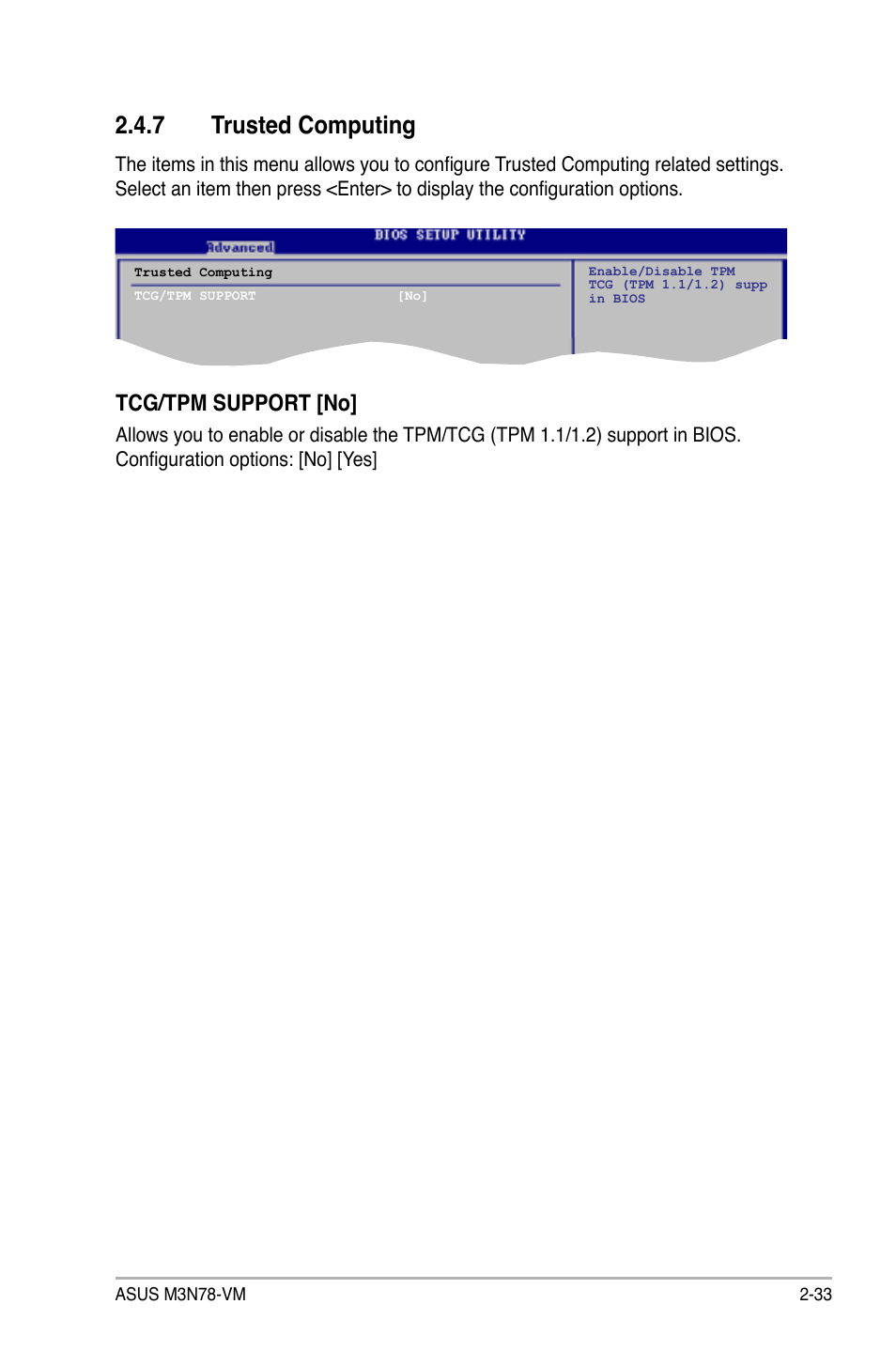 7 trusted computing, Trusted computing -33, Tcg/tpm support [no | Asus M3N78-VM User Manual | Page 80 / 105