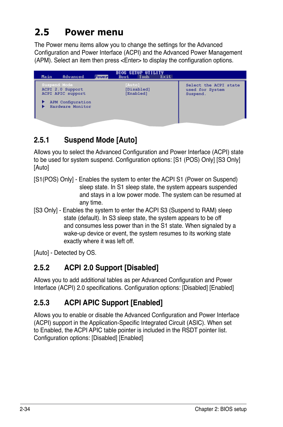 5 power menu, 1 suspend mode, 2 acpi 2.0 support | 3 acpi apic support, Power menu -34 2.5.1, Suspend mode -34, Acpi, 0 support -34, Acpi apic support -34, 1 suspend mode [auto | Asus M3N78-VM User Manual | Page 81 / 105