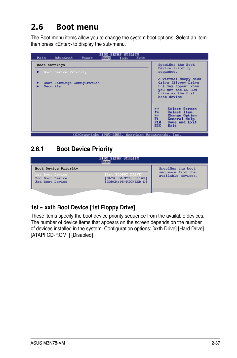 6 boot menu, 1 boot device priority, Boot menu -37 2.6.1 | Boot device priority -37, 1st ~ xxth boot device [1st floppy drive, Disabled | Asus M3N78-VM User Manual | Page 84 / 105