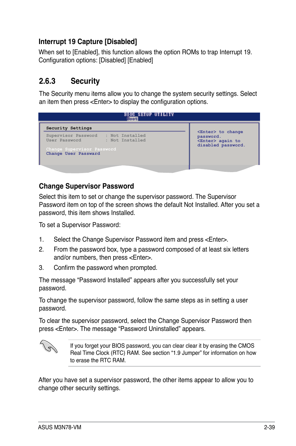 3 security, Security -39, Interrupt 19 capture [disabled | Change supervisor password | Asus M3N78-VM User Manual | Page 86 / 105