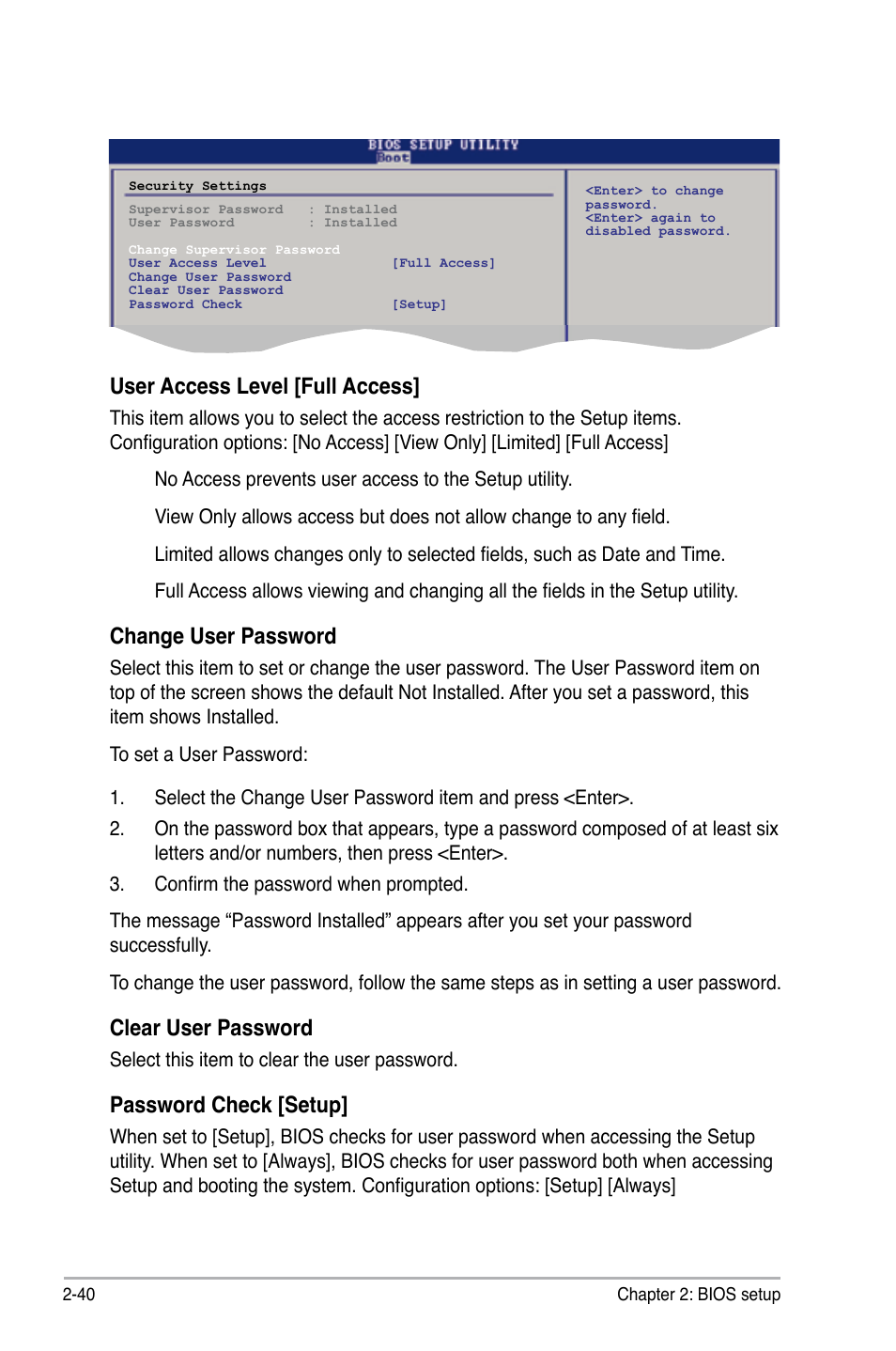 User access level [full access, Change user password, Clear user password | Password check [setup | Asus M3N78-VM User Manual | Page 87 / 105