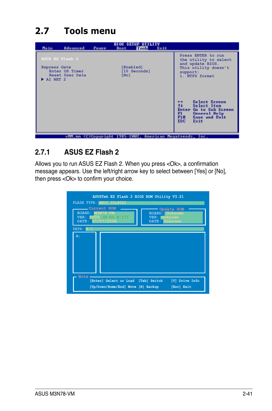 7 tools menu, 1 asus ez flash 2, Tools menu -41 2.7.1 | Asus ez flash 2 -41 | Asus M3N78-VM User Manual | Page 88 / 105