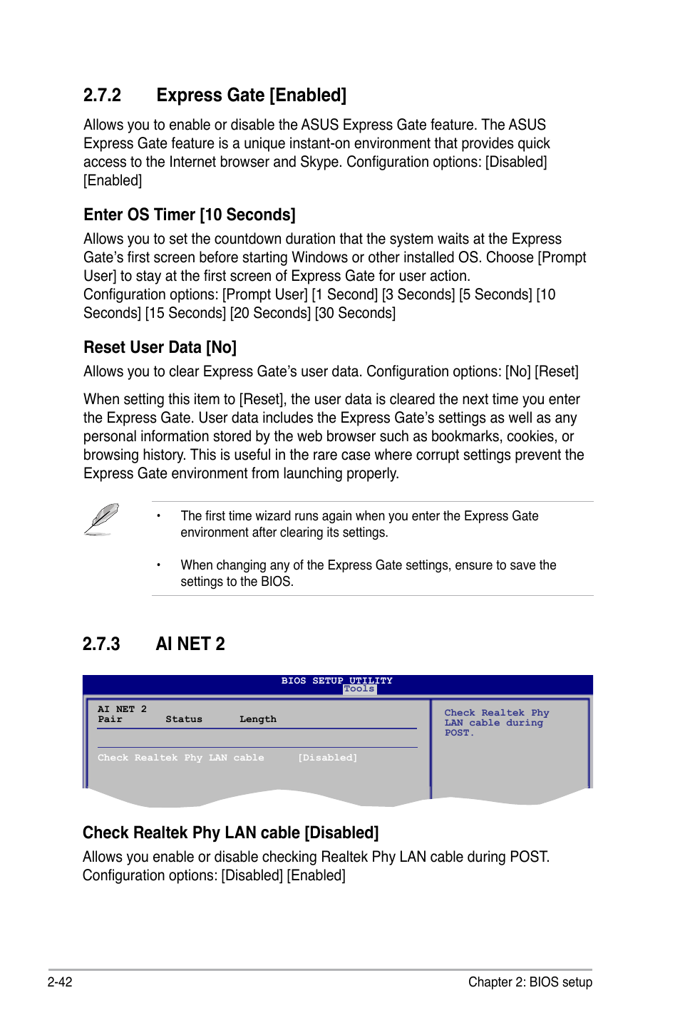 2 express gate, 3 ai net 2, Express gate -42 | Ai net 2 -42, 2 express gate [enabled, Enter os timer [10 seconds, Reset user data [no, Check realtek phy lan cable [disabled | Asus M3N78-VM User Manual | Page 89 / 105