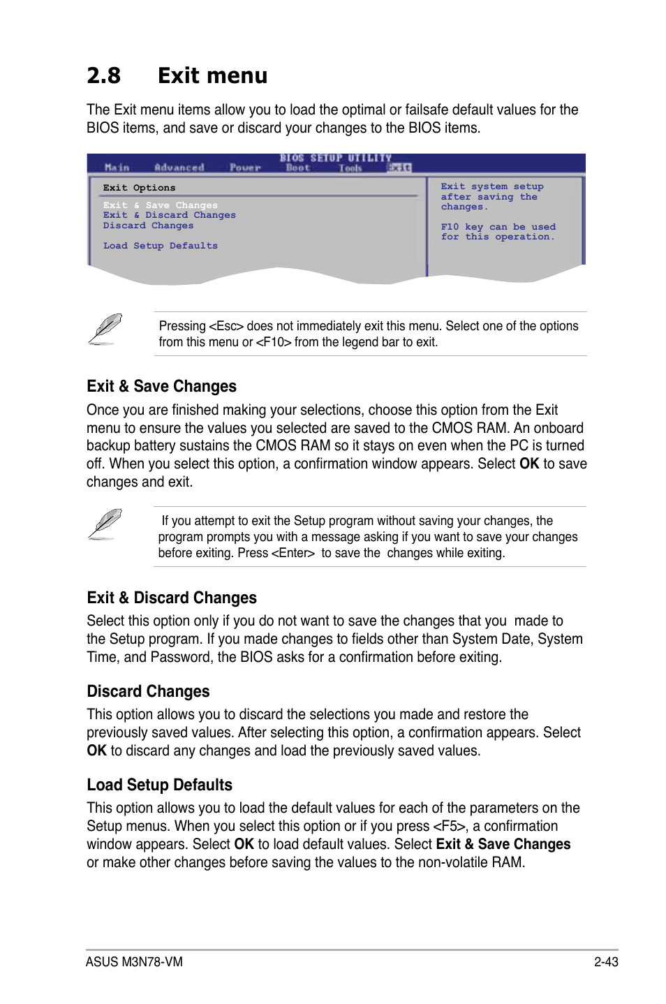 8 exit menu, Exit menu -43, Exit & discard changes | Discard changes, Load setup defaults, Exit & save changes | Asus M3N78-VM User Manual | Page 90 / 105