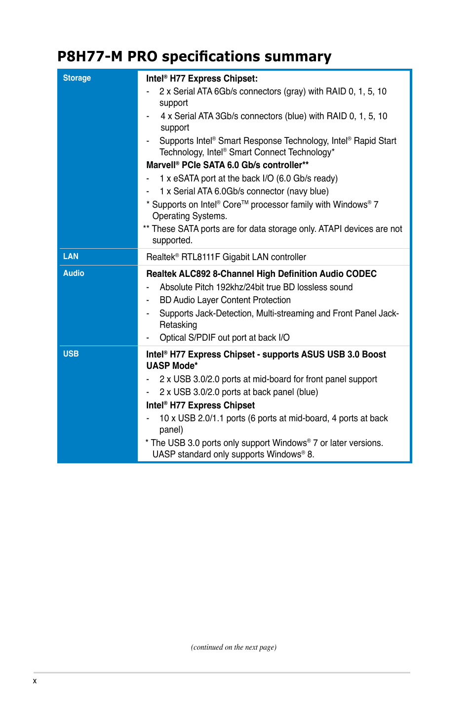 P8h77-m pro specifications summary | Asus P8H77-M PRO User Manual | Page 10 / 150