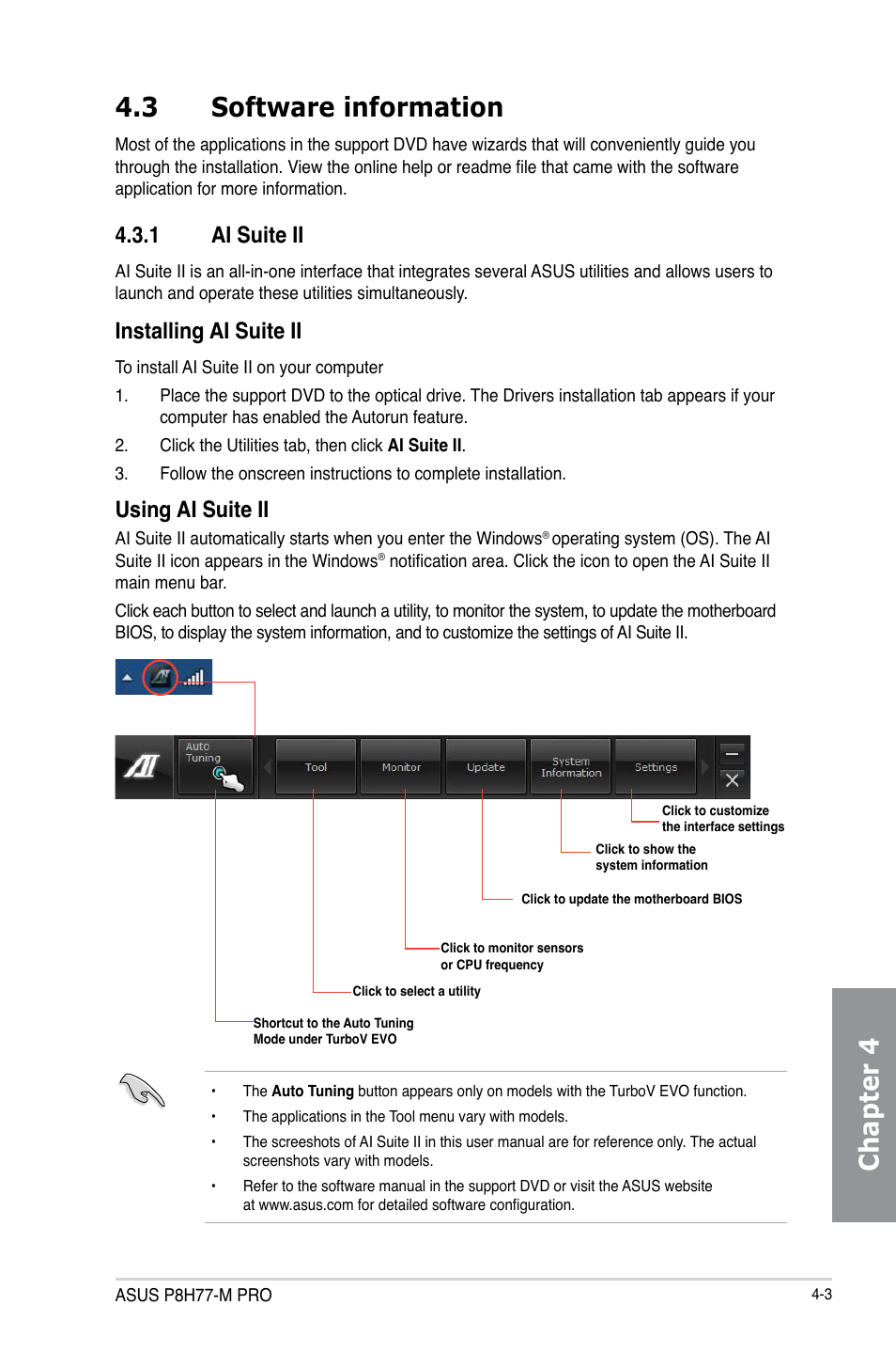 3 software information, 1 ai suite ii, Software information -3 4.3.1 | Ai suite ii -3, Chapter 4 4.3 software information, Installing ai suite ii, Using ai suite ii | Asus P8H77-M PRO User Manual | Page 107 / 150