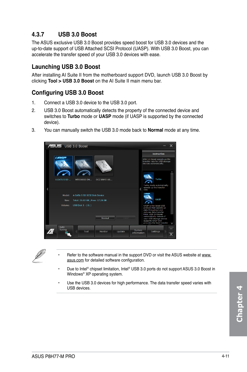 7 usb 3.0 boost, Usb 3.0 boost -11, Chapter 4 | Launching usb 3.0 boost, Configuring usb 3.0 boost | Asus P8H77-M PRO User Manual | Page 115 / 150