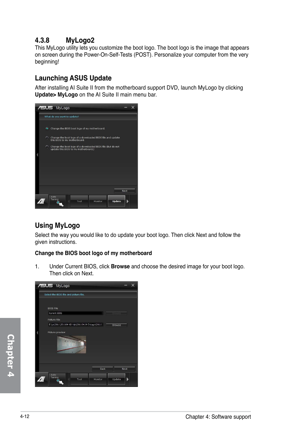 8 mylogo2, Mylogo2 -12, Chapter 4 | Launching asus update, Using mylogo | Asus P8H77-M PRO User Manual | Page 116 / 150
