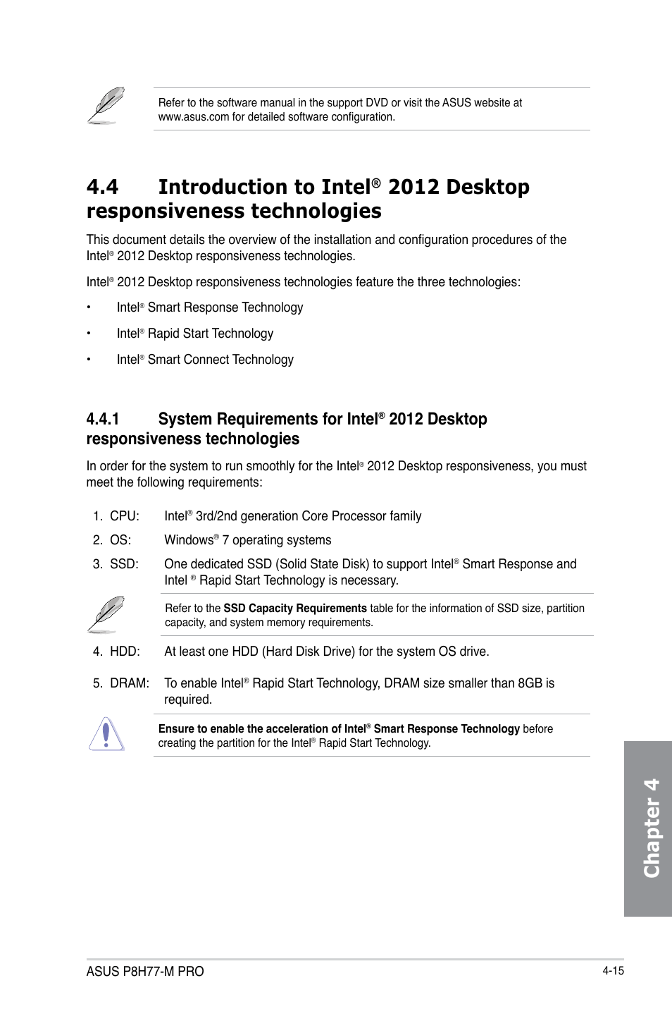 Introduction to intel, 2012 desktop responsiveness technologies -15, System requirements -15 | Chapter 4, 4 introduction to intel, 2012 desktop responsiveness technologies, 1 system requirements for intel | Asus P8H77-M PRO User Manual | Page 119 / 150