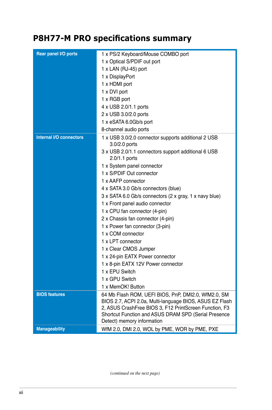 P8h77-m pro specifications summary | Asus P8H77-M PRO User Manual | Page 12 / 150