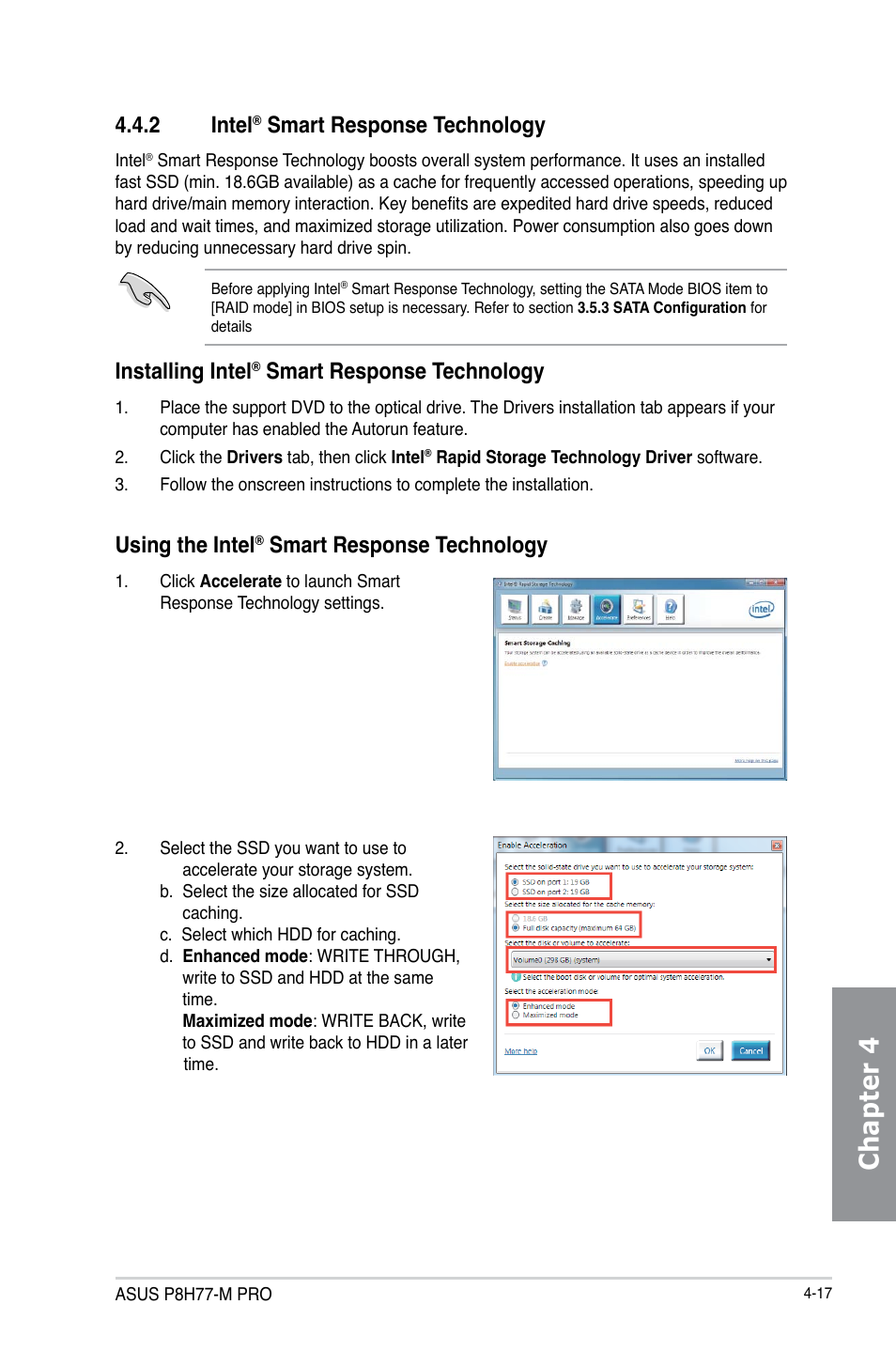 2 intel® smart response technology, Intel, Smart response technology -17 | Chapter 4, 2 intel, Smart response technology, Installing intel, Using the intel | Asus P8H77-M PRO User Manual | Page 121 / 150