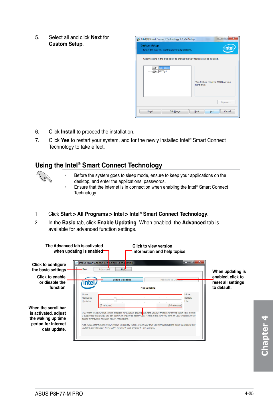 Chapter 4, Using the intel, Smart connect technology | Asus P8H77-M PRO User Manual | Page 129 / 150