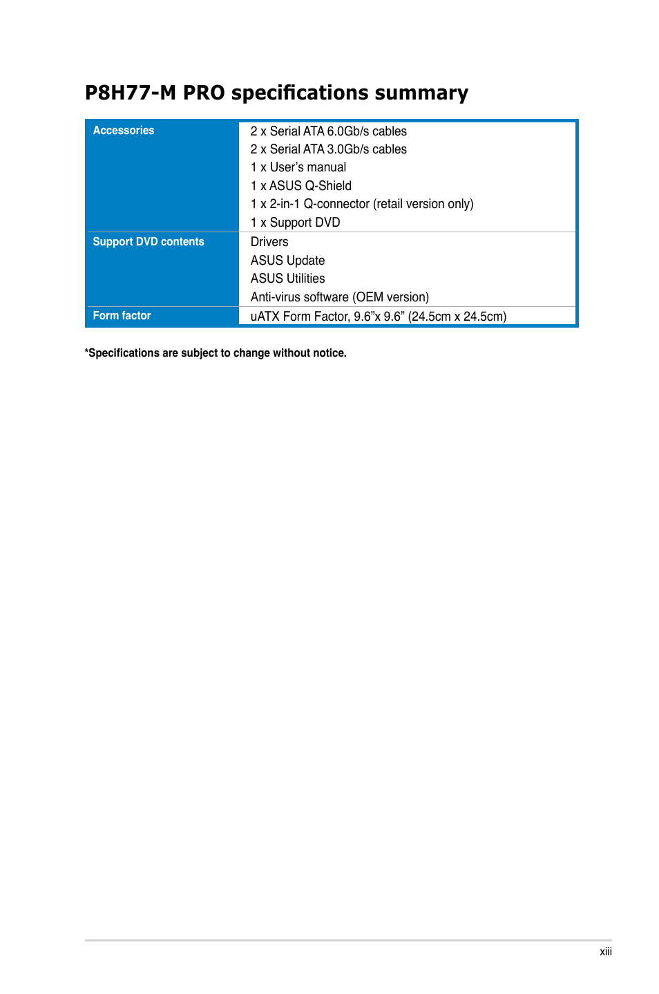 P8h77-m pro specifications summary | Asus P8H77-M PRO User Manual | Page 13 / 150