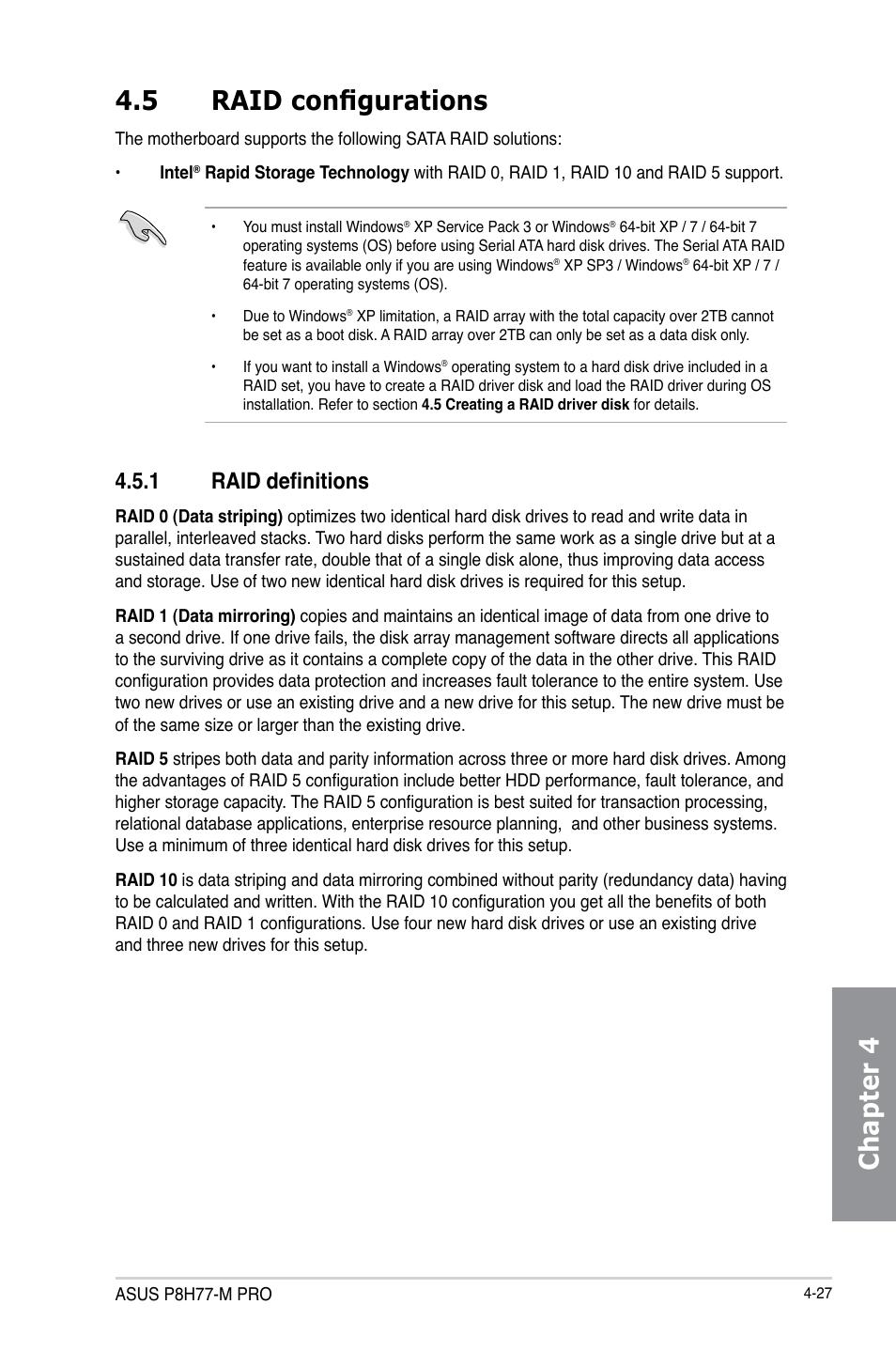 5 raid configurations, 1 raid definitions, Raid configurations -27 4.5.1 | Raid definitions -27, Chapter 4 4.5 raid configurations | Asus P8H77-M PRO User Manual | Page 131 / 150