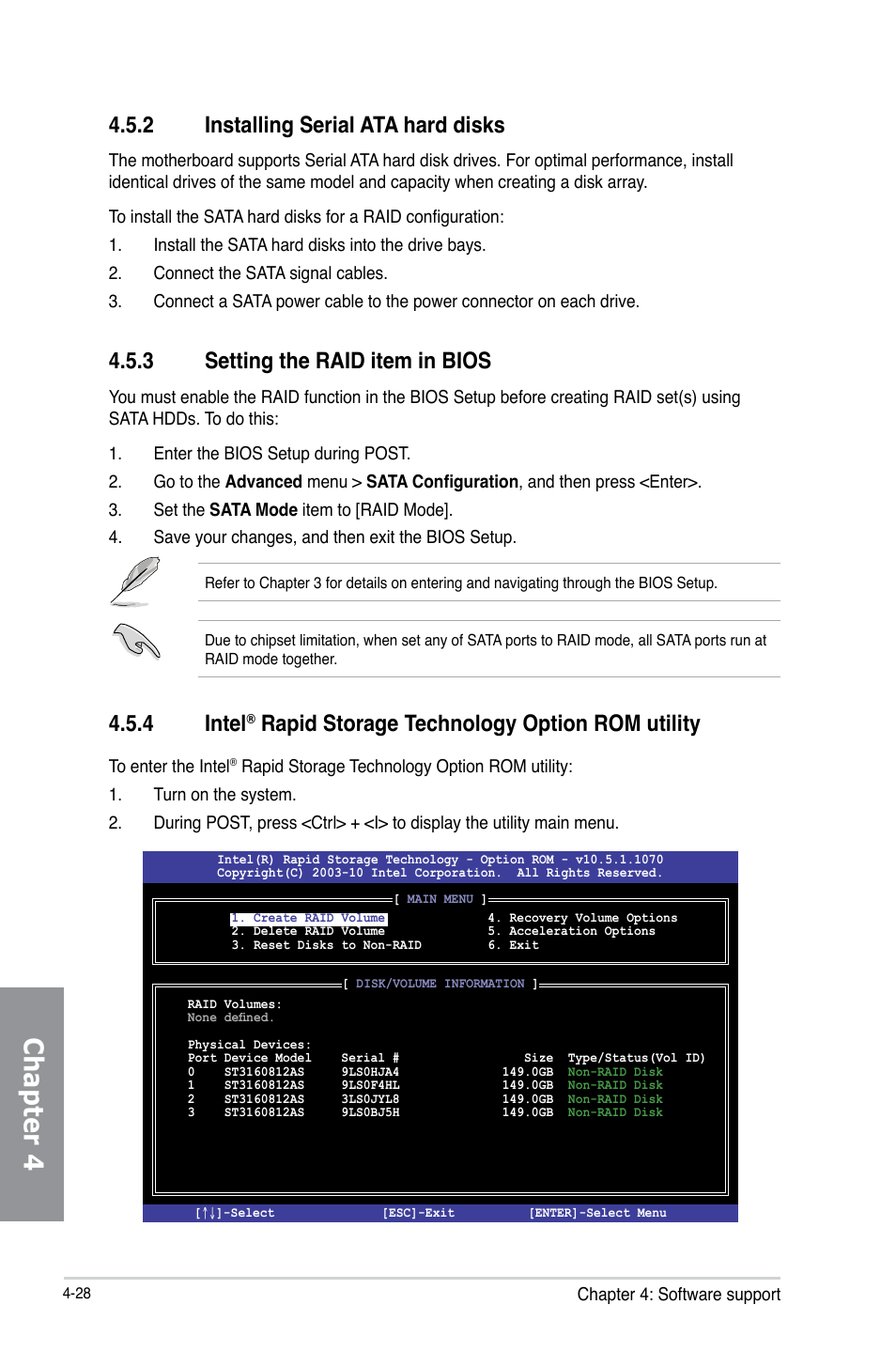 2 installing serial ata hard disks, 3 setting the raid item in bios, Installing serial ata hard disks -28 | Setting the raid item in bios -28, Intel, Rapid storage technology option rom utility -28, Chapter 4, 4 intel, Rapid storage technology option rom utility | Asus P8H77-M PRO User Manual | Page 132 / 150