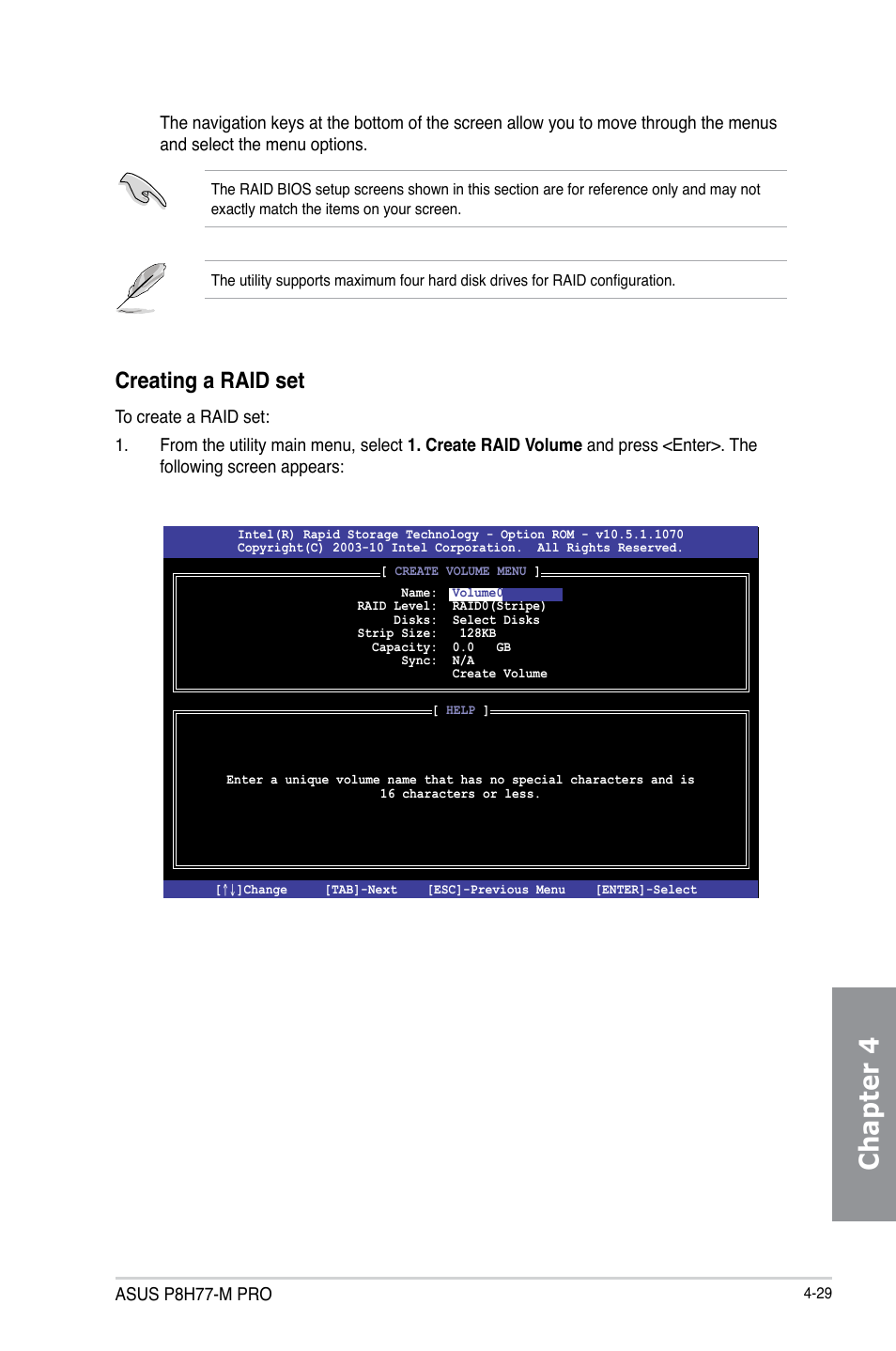 Chapter 4, Creating a raid set | Asus P8H77-M PRO User Manual | Page 133 / 150