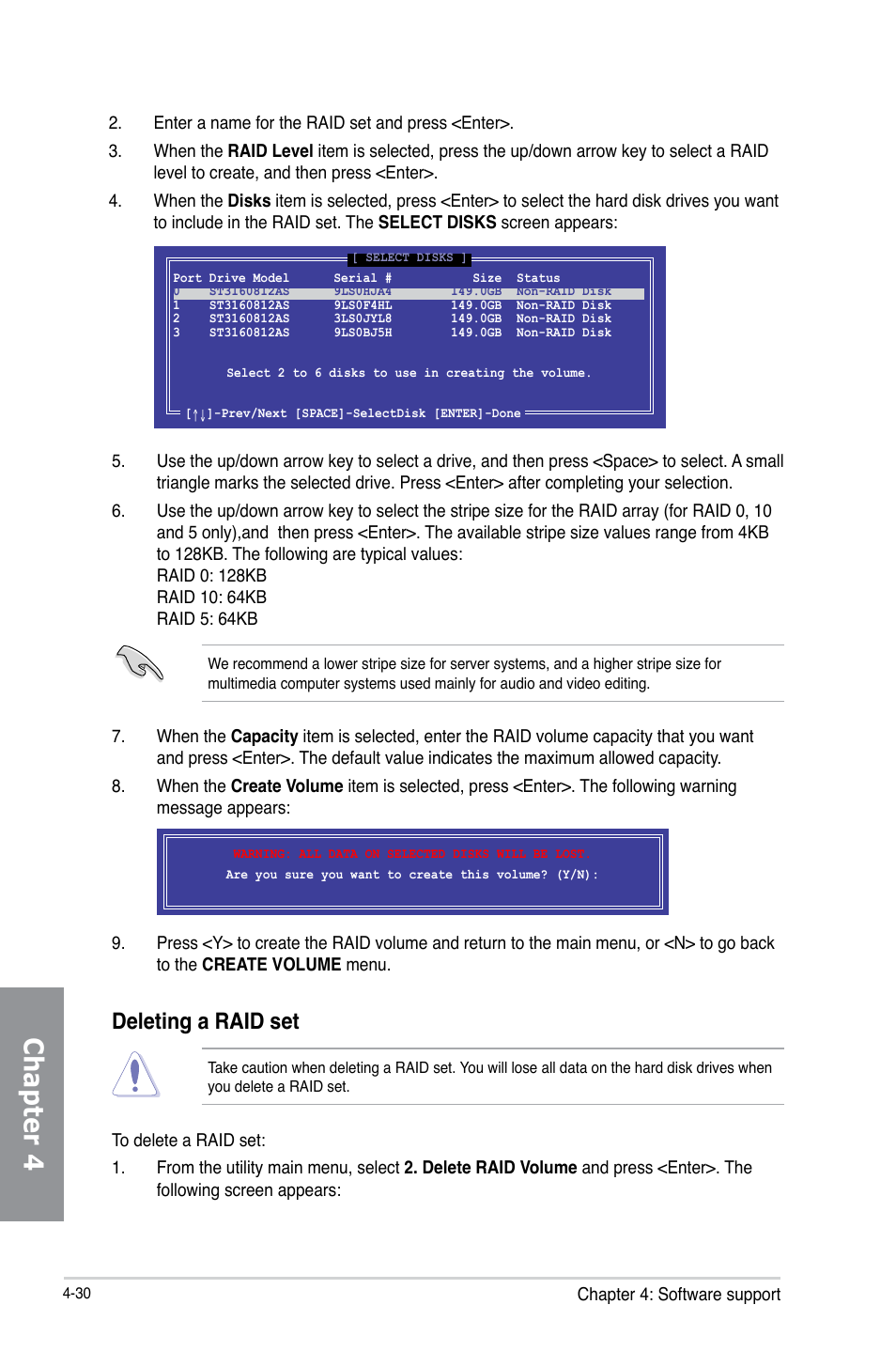 Chapter 4, Deleting a raid set | Asus P8H77-M PRO User Manual | Page 134 / 150