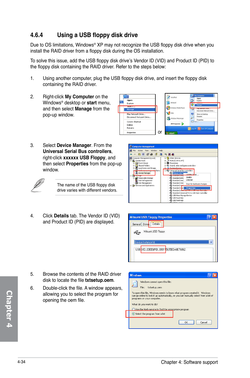 4 using a usb floppy disk drive, Using a usb floppy disk drive -34, Chapter 4 | Asus P8H77-M PRO User Manual | Page 138 / 150