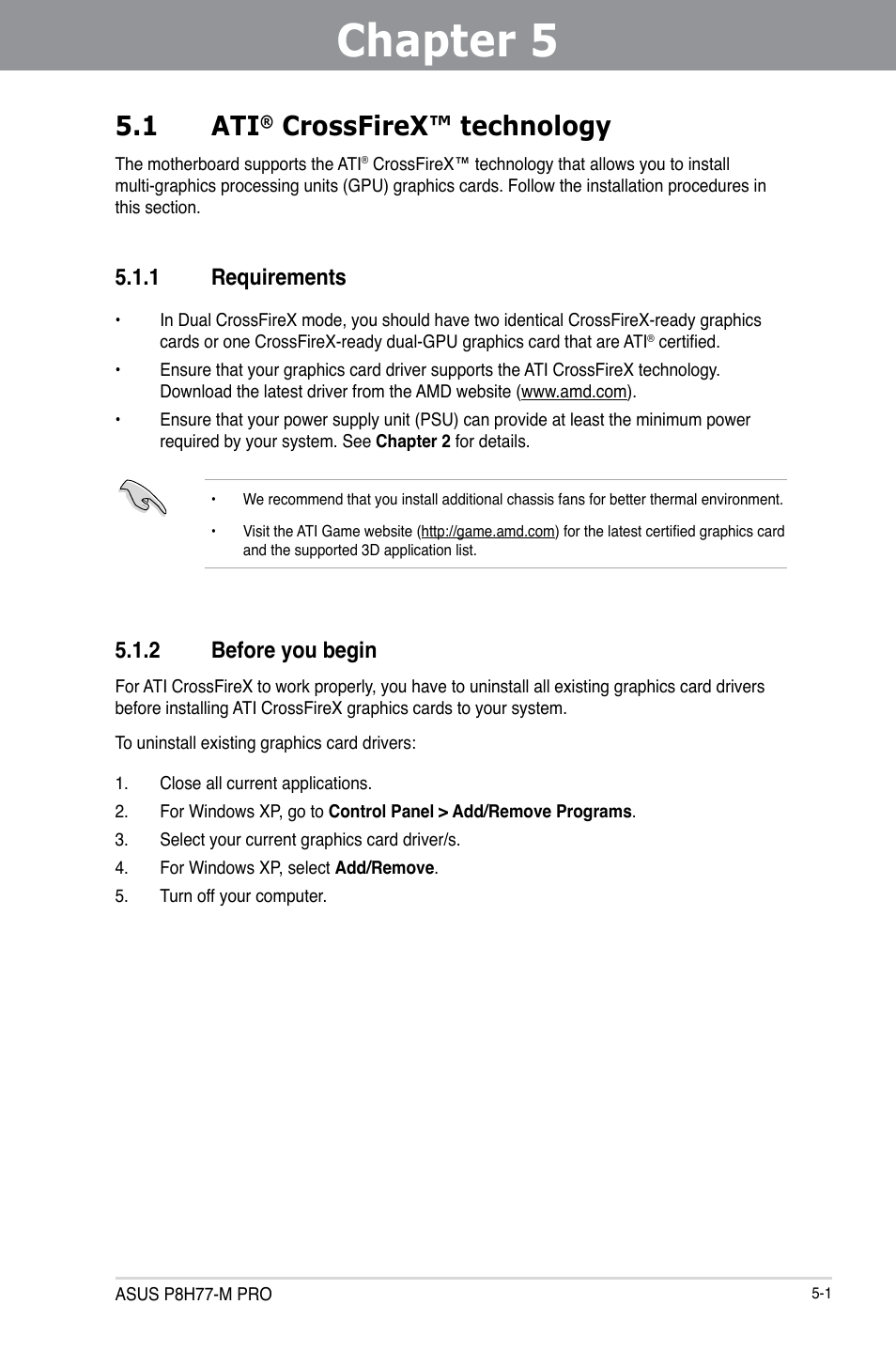 Chapter 5: multiple gpu technology support, 1 ati® crossfirex™ technology, 1 requirements | 2 before you begin, Chapter 5, Multiple gpu technology support, Crossfirex™ technology -1, Requirements -1, Before you begin -1, 1 ati | Asus P8H77-M PRO User Manual | Page 141 / 150