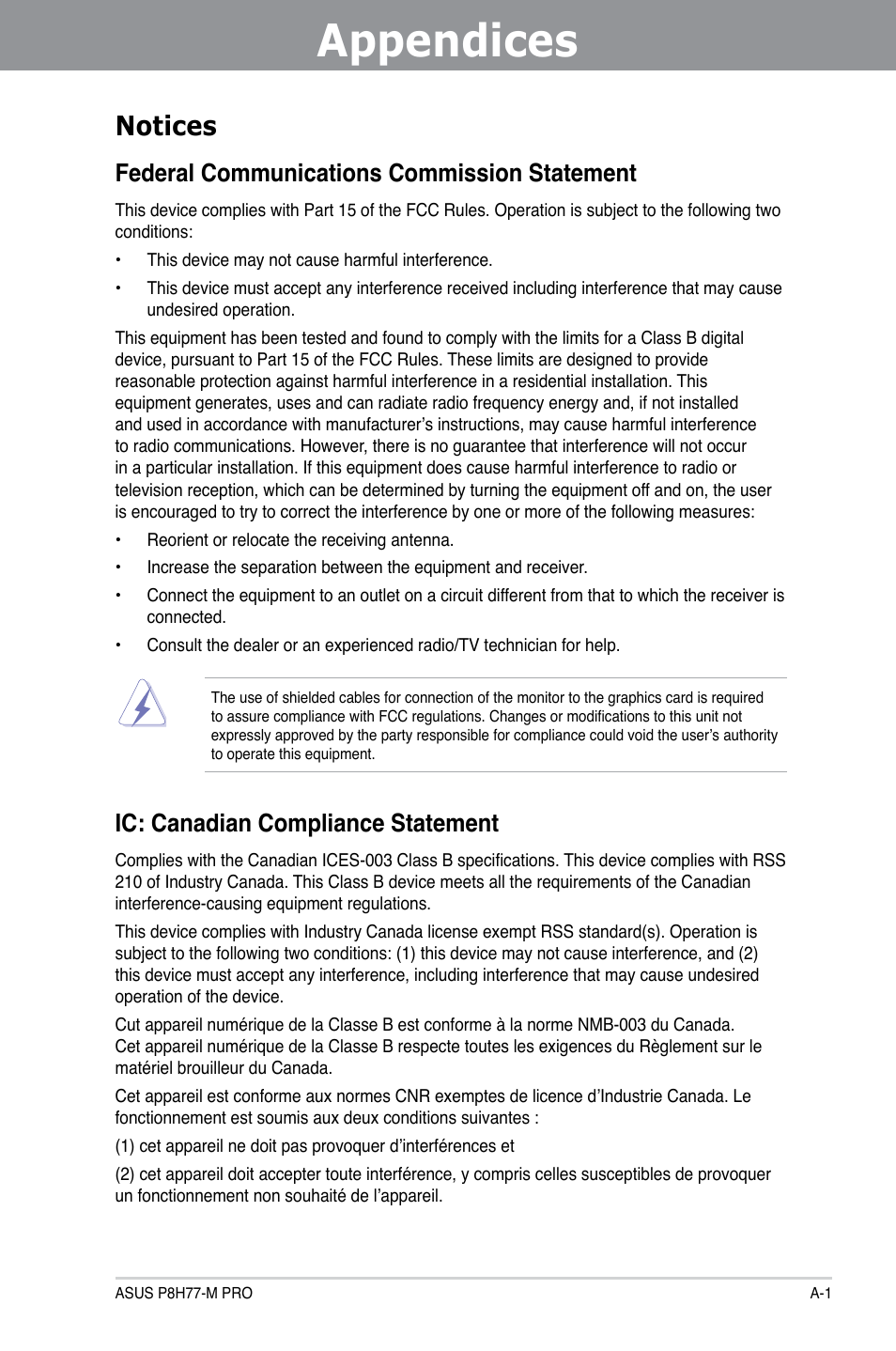 Appendices, Notices, Federal communications commission statement | Ic: canadian compliance statement | Asus P8H77-M PRO User Manual | Page 145 / 150