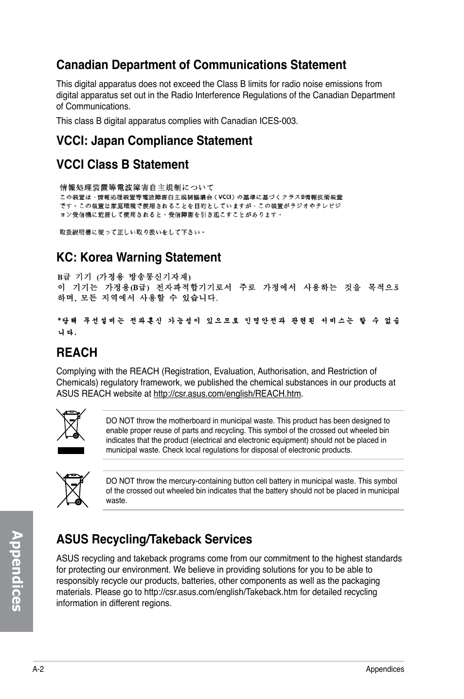 Appendices, Reach, Asus recycling/takeback services | Canadian department of communications statement | Asus P8H77-M PRO User Manual | Page 146 / 150