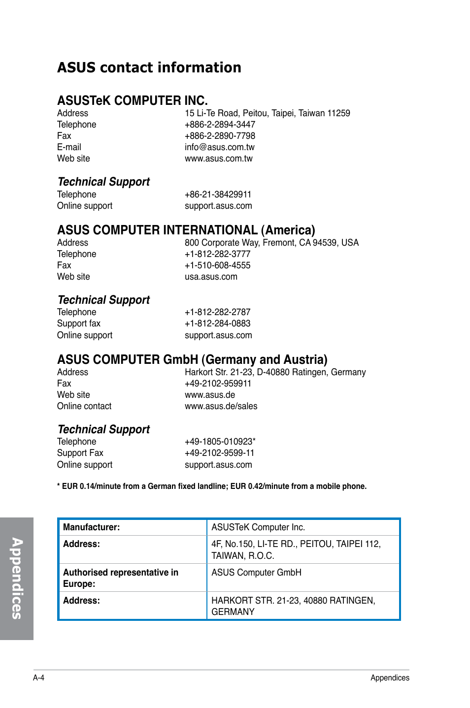 Asus contact information, Appendices asus contact information, Asustek computer inc | Asus computer international (america), Asus computer gmbh (germany and austria), Technical support | Asus P8H77-M PRO User Manual | Page 148 / 150