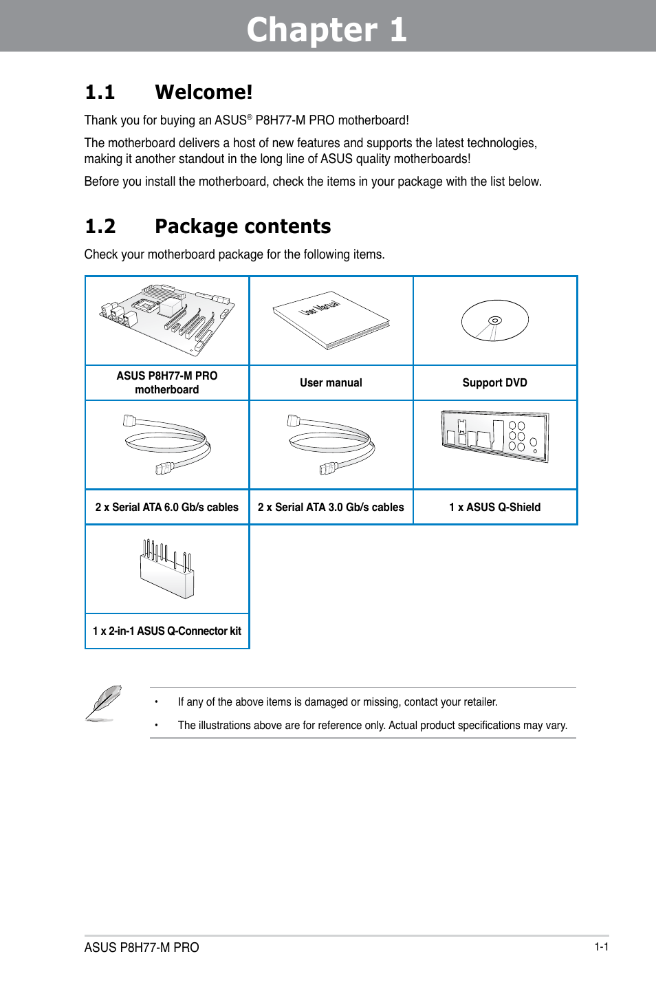 Chapter 1: product introduction, 1 welcome, 2 package contents | Chapter 1, Product introduction, Welcome! -1, Package contents -1, Chapter 1 1.1 welcome | Asus P8H77-M PRO User Manual | Page 15 / 150