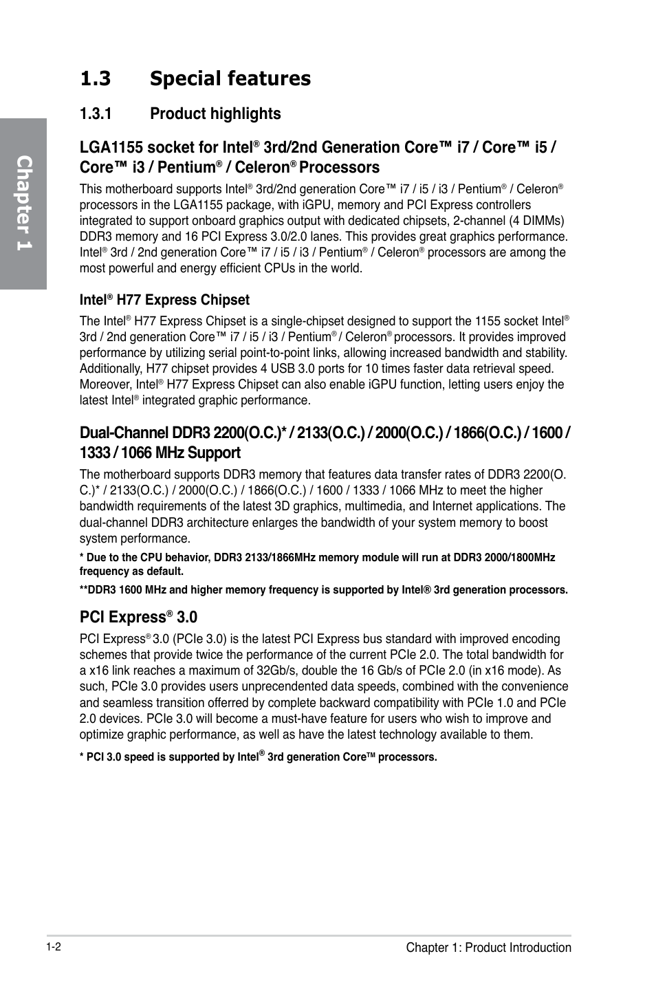 3 special features, 1 product highlights, Special features -2 1.3.1 | Product highlights -2, Chapter 1 1.3 special features, Celeron, Processors, Pci express | Asus P8H77-M PRO User Manual | Page 16 / 150