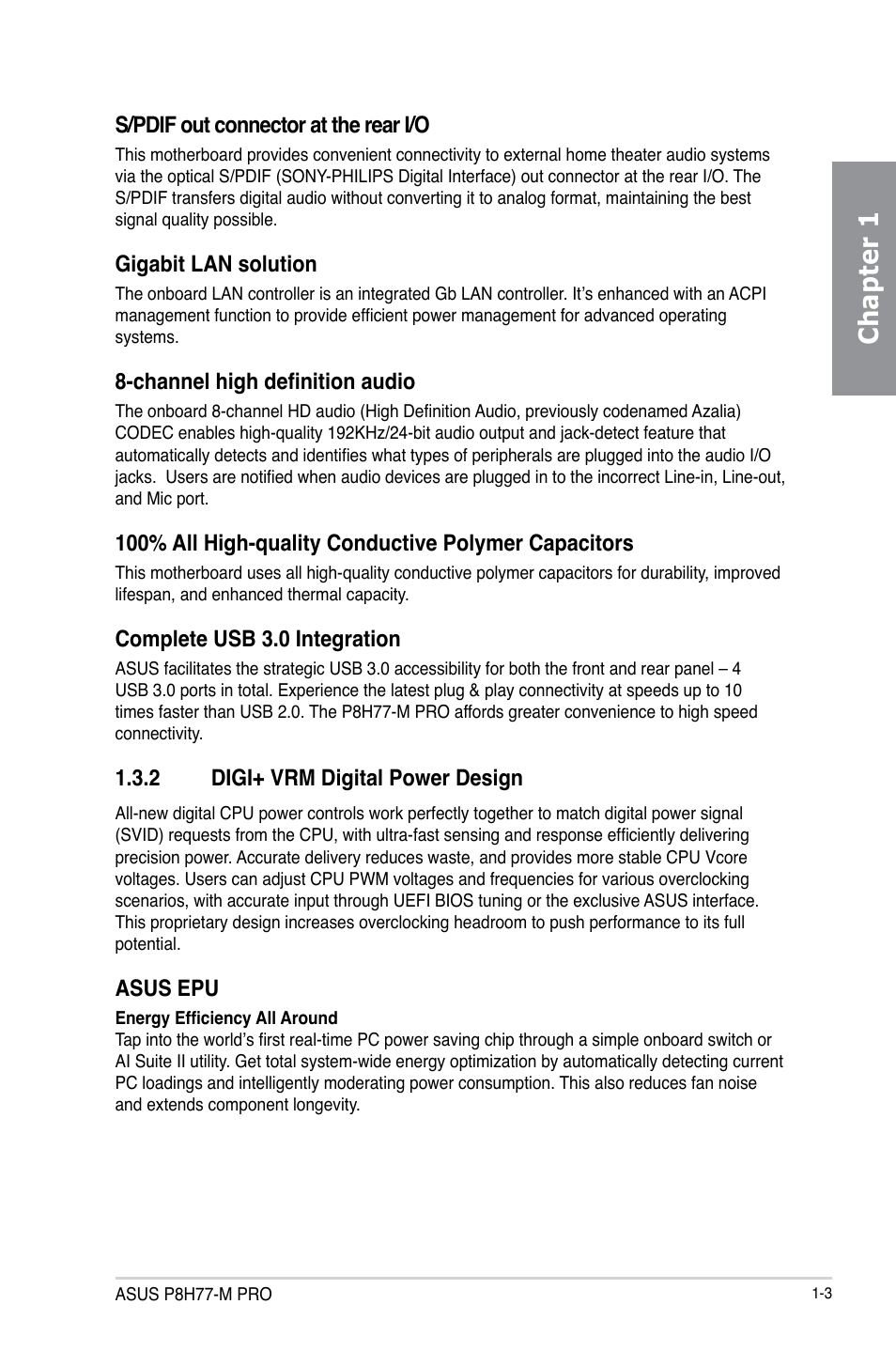 2 digi+ vrm digital power design, Digi+ vrm digital power design -3, Chapter 1 | S/pdif out connector at the rear i/o, Gigabit lan solution, Channel high definition audio, Complete usb 3.0 integration, Asus epu | Asus P8H77-M PRO User Manual | Page 17 / 150