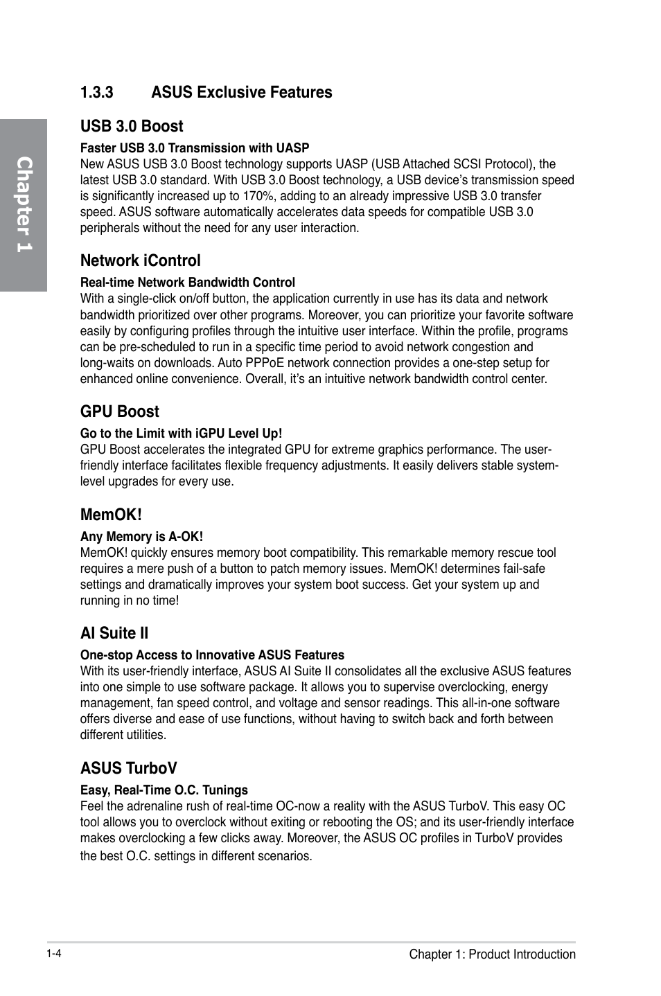 3 asus exclusive features, Asus exclusive features -4, Chapter 1 | 3 asus exclusive features usb 3.0 boost, Network icontrol, Gpu boost, Ai suite ii, Asus turbov | Asus P8H77-M PRO User Manual | Page 18 / 150