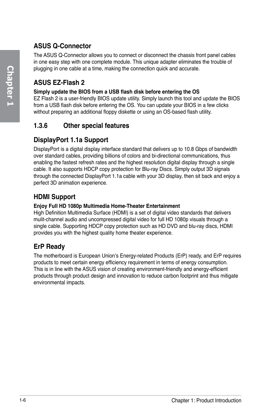 6 other special features, Other special features -6, Chapter 1 | Asus q-connector, Asus ez-flash 2, 6 other special features displayport 1.1a support, Hdmi support, Erp ready | Asus P8H77-M PRO User Manual | Page 20 / 150