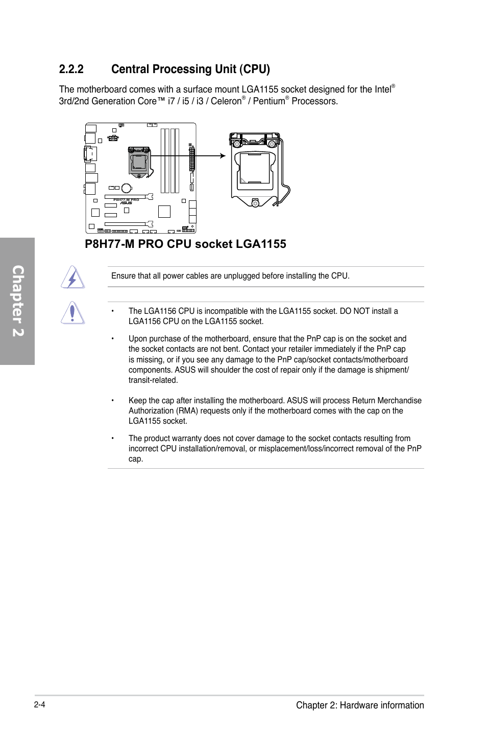 2 central processing unit (cpu), Central processing unit (cpu) -4, Chapter 2 | Asus P8H77-M PRO User Manual | Page 24 / 150