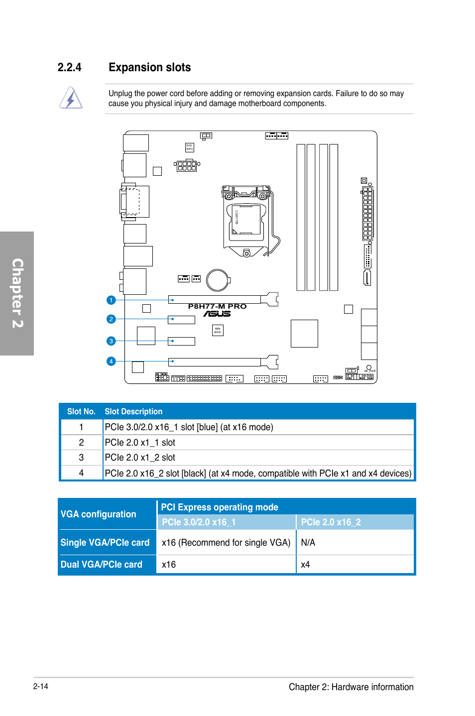 4 expansion slots, Expansion slots -14, Chapter 2 | Asus P8H77-M PRO User Manual | Page 34 / 150