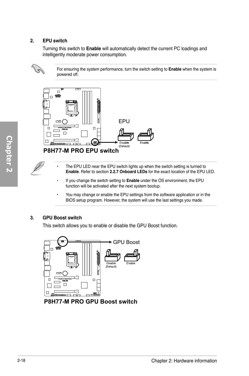 Chapter 2, P8h77-m pro epu switch, P8h77-m pro gpu boost switch | Asus P8H77-M PRO User Manual | Page 38 / 150