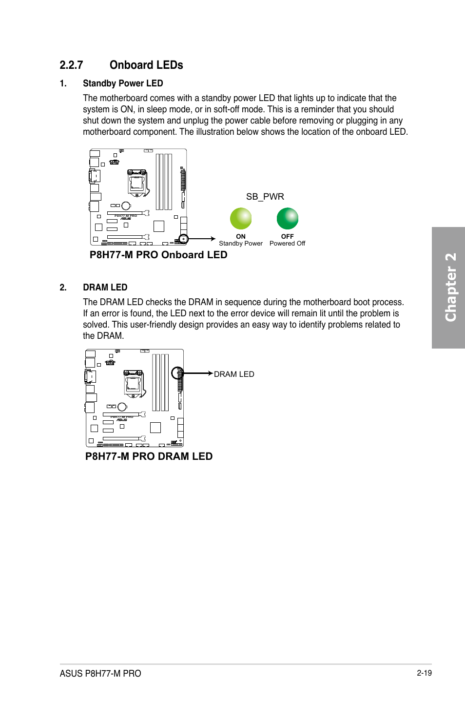 7 onboard leds, Onboard leds -19, Chapter 2 | Asus P8H77-M PRO User Manual | Page 39 / 150